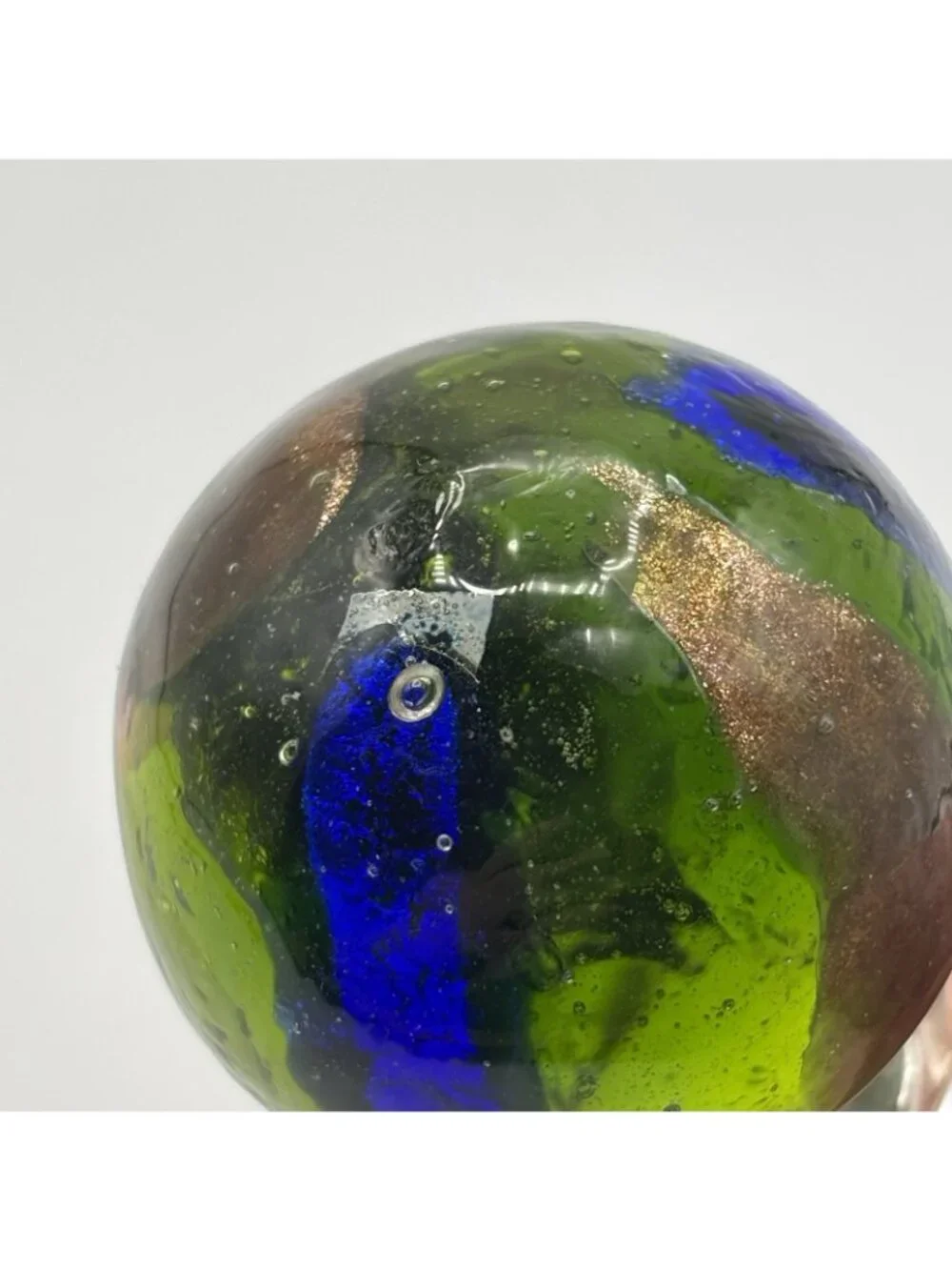 Art Glass Wine Bottle Stopper Topper Green Ball Glossy Bubbles Gold Blue Striped
